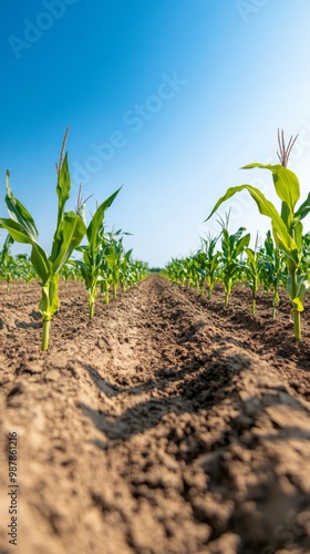 Rows of young corn plants growing in fertile soil under a clear blue sky duri...