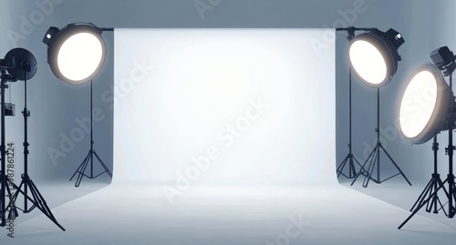 A professional photography studio setup featuring multiple lights arranged ar...