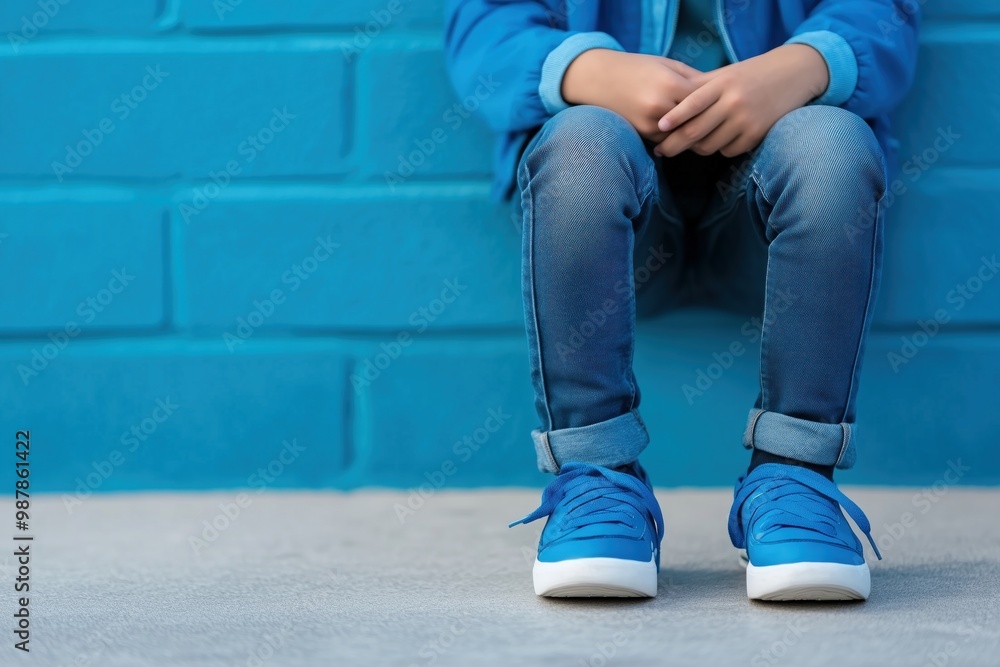 Young child wearing blue sneakers and jeans sitting against a bright blue brick wall, showing a casual and relaxed posture Young child wearing blue sneakers and jeans sitting against a bright blue brick wall, showing a casual and relaxed posture