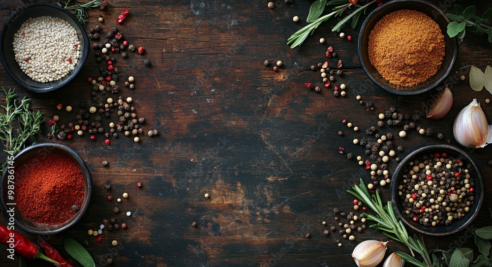 Colorful spices arranged in bowls on a wooden surface with herbs and seasonings beside them Colorful spices arranged in bowls on a wooden surface with herbs and seasonings beside them