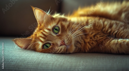 A close-up view of a relaxed orange cat lounging comfortably on a soft surface