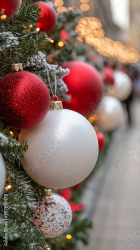 Festive holiday decorations adorn a city street with sparkling ornaments and ...