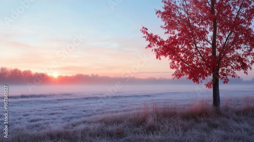Frosty morning landscape with a vibrant red tree against a sunrise backdrop i...