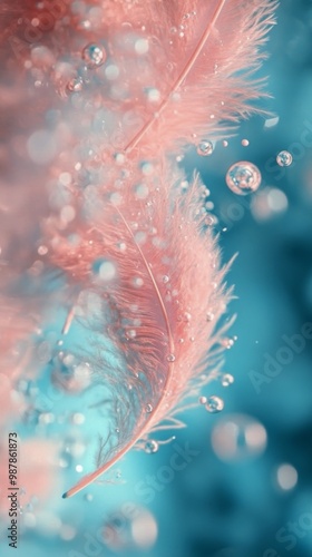 Soft pink feathers submerged in turquoise liquid with bubbles floating around