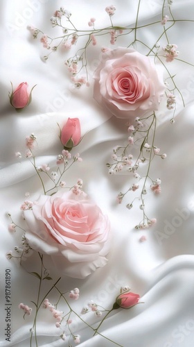 Soft pink roses and delicate babys breath on a smooth white fabric background...