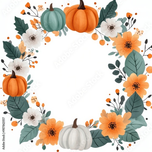 Autumn circle design featuring pumpkins and flowers in a warm color palette