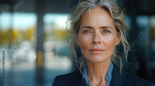 Mature Caucasian Woman in Suit Outdoors with Blurry Business Center Backdrop - Professional Businesswoman Portrait