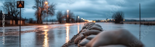 Flooding in a rural area with sandbags protecting homes during twilight hours