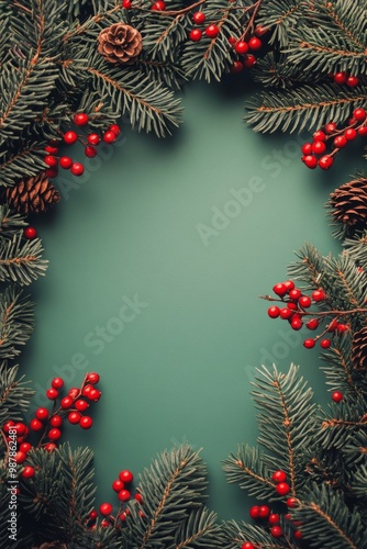 Festive holiday wreath adorned with pinecones and red berries on a green back...