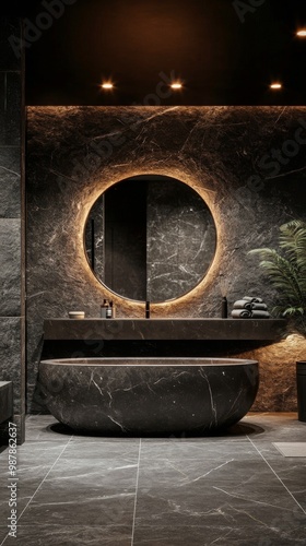 Stylish modern bathroom featuring a round mirror and elegant black bathtub wi...