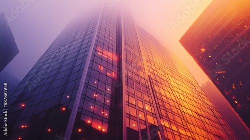 Wallpaper Mural Modern Glass Skyscraper Reflecting Sunset in Foggy Sky Torontodigital.ca