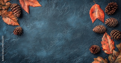 Autumn leaves and pine cones arranged on a textured blue background in fall d...