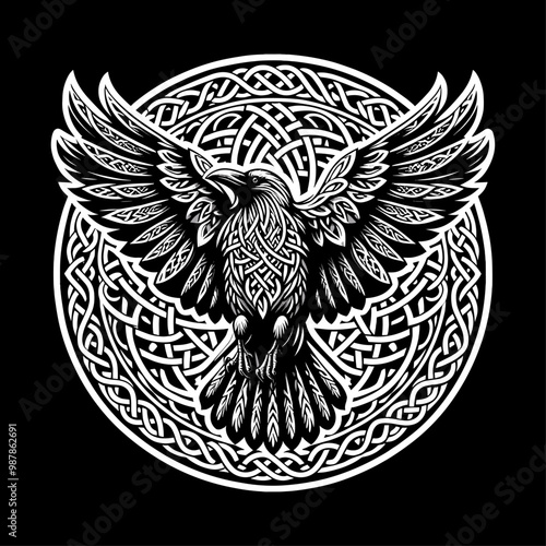 A bold and mystical representation of Odin’s raven, designed with elaborate Celtic knotwork. This vector illustration merges Viking symbolism with Celtic artistry, making it a perfect addition to proj