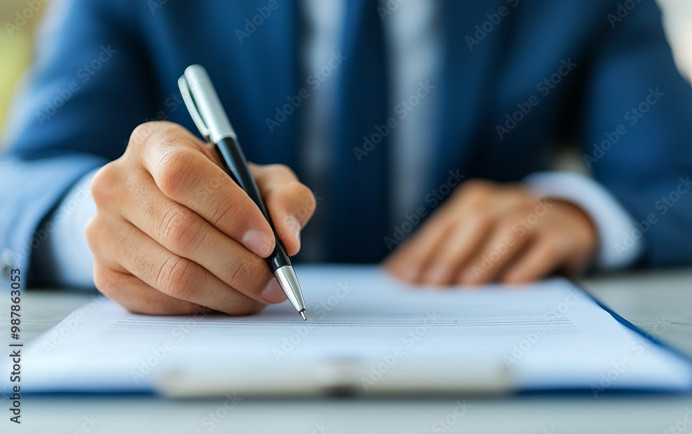 A professional man in a suit writing on a document, symbolizing business agreements and decision-making in a modern office setting. A professional man in a suit writing on a document, symbolizing business agreements and decision-making in a modern office setting.