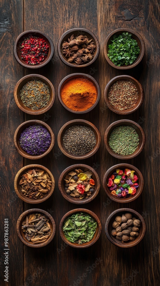 A variety of colorful spices arranged in bowls on a wooden surface in a kitchen setting A variety of colorful spices arranged in bowls on a wooden surface in a kitchen setting