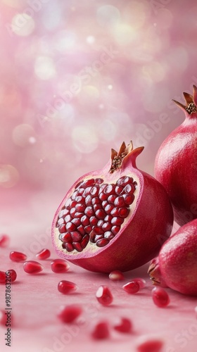 Freshly sliced pomegranate showcasing vibrant seeds against a soft, blurred p...