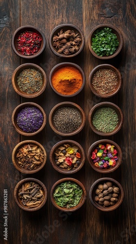 A variety of colorful spices arranged in bowls on a wooden surface in a kitch...