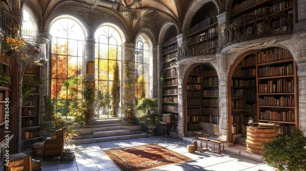 Fototapeta premium A Sunlit Stone Library with Archways and Bookshelves
