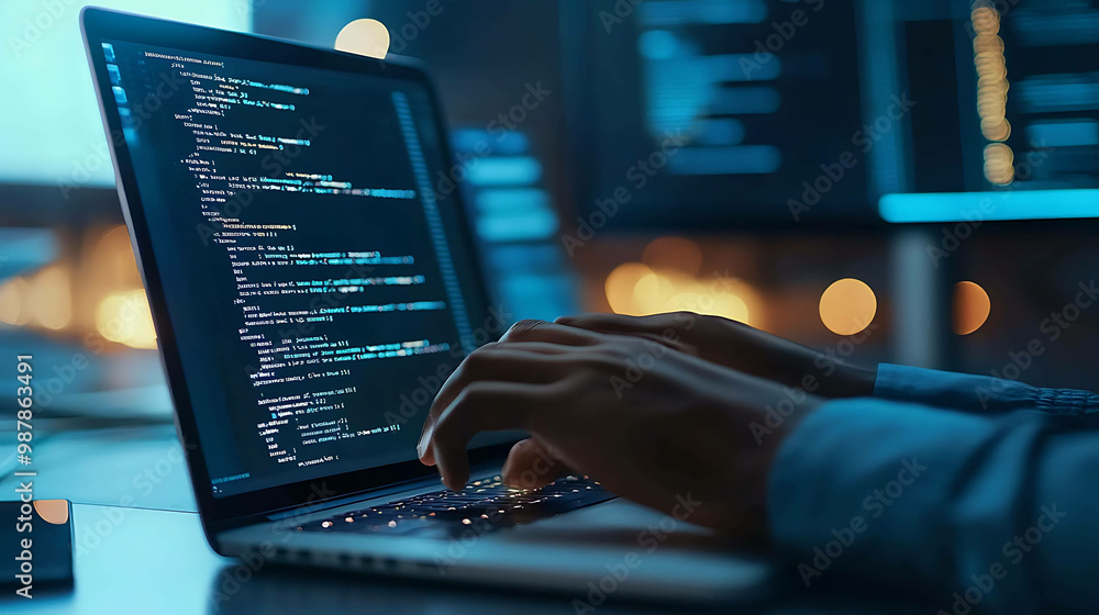 A programmer's hands typing code on a laptop in a dimly lit room. A programmer's hands typing code on a laptop in a dimly lit room.