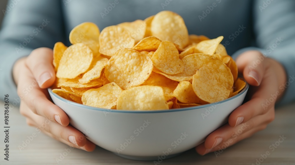 Bowl of Golden Potato Chips Held by Hands, Capturing the Casual Enjoyment of a Snack in a Warm and Relaxed Setting Bowl of Golden Potato Chips Held by Hands, Capturing the Casual Enjoyment of a Snack in a Warm and Relaxed Setting