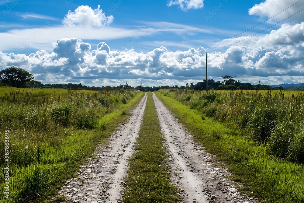 Empty dirt road leading through green field under blue sky with white clouds Empty dirt road leading through green field under blue sky with white clouds