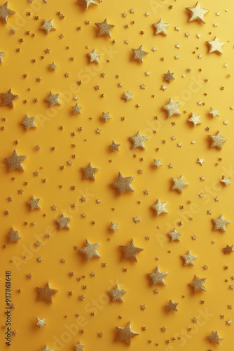 Golden stars scattered across a bright yellow background create a festive atm...