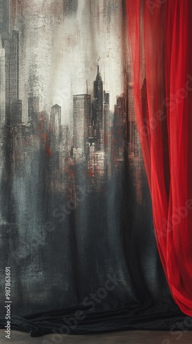 A mysterious backdrop with red curtains framing a foggy, urban landscape in d...