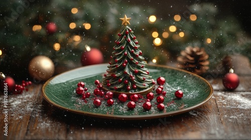 Festive holiday decoration with a small tree, red ornaments, and green plate ...