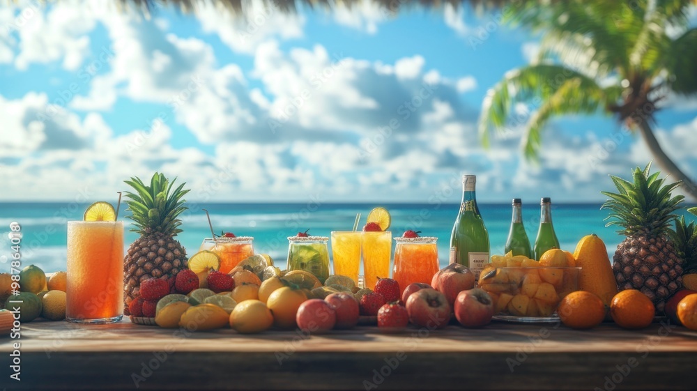 A beach bar counter featuring a selection of tropical fruits and drinks, set against the backdrop of the ocean and bright blue sky, creating a vibrant and refreshing atmosphere. A beach bar counter featuring a selection of tropical fruits and drinks, set against the backdrop of the ocean and bright blue sky, creating a vibrant and refreshing atmosphere.