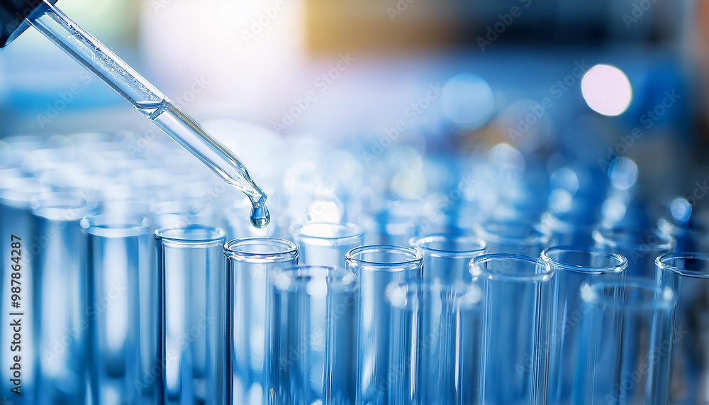 Glass pipette dripping fluid into test tube. Laboratory experiments and scientific research. Glass pipette dripping fluid into test tube. Laboratory experiments and scientific research.