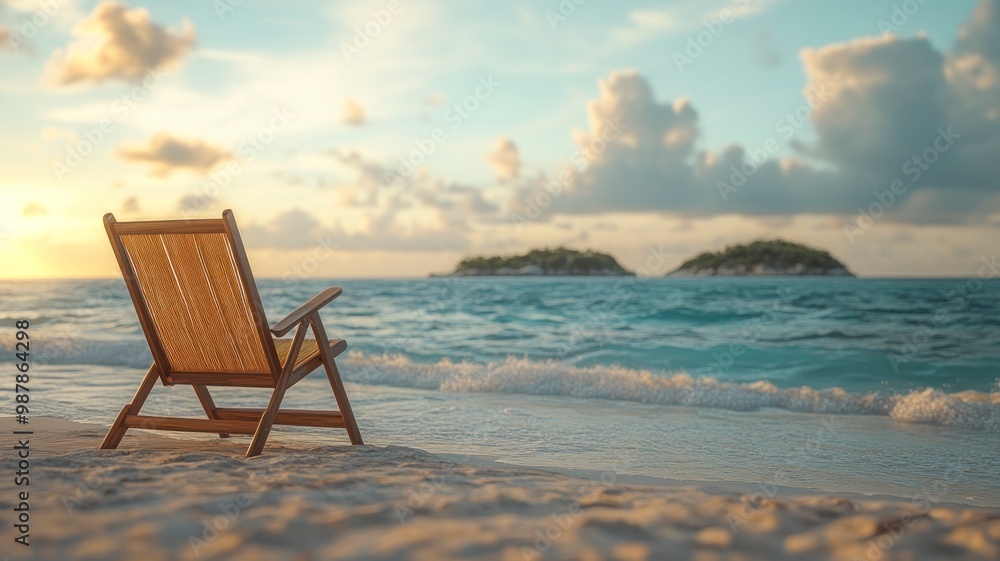 A single beach chair by the shoreline with waves lapping at the sand and distant islands in the background, creating a peaceful and solitary atmosphere under early morning light. A single beach chair by the shoreline with waves lapping at the sand and distant islands in the background, creating a peaceful and solitary atmosphere under early morning light.