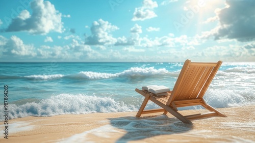 Fototapeta Naklejka Na Ścianę i Meble -  A reclined beach chair under a bright blue sky with a book resting on it and soft waves in the background, creating a peaceful and intellectual atmosphere in bright daylight.