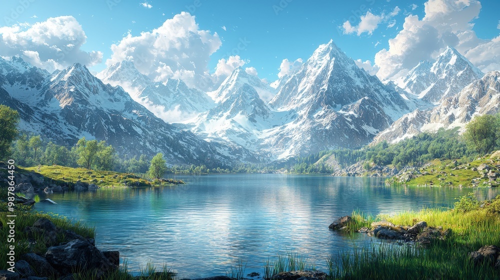 Fototapeta premium Stunning Realistic Mountain Landscape with Lake View