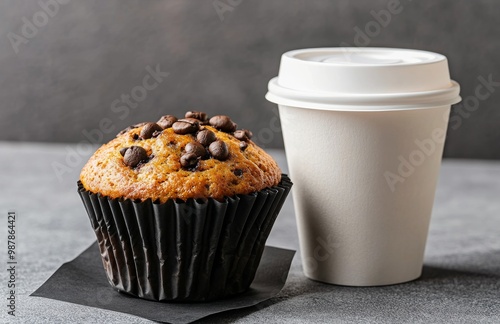 Coffee and chocolate chip muffin on a gray surface for a delightful morning s...