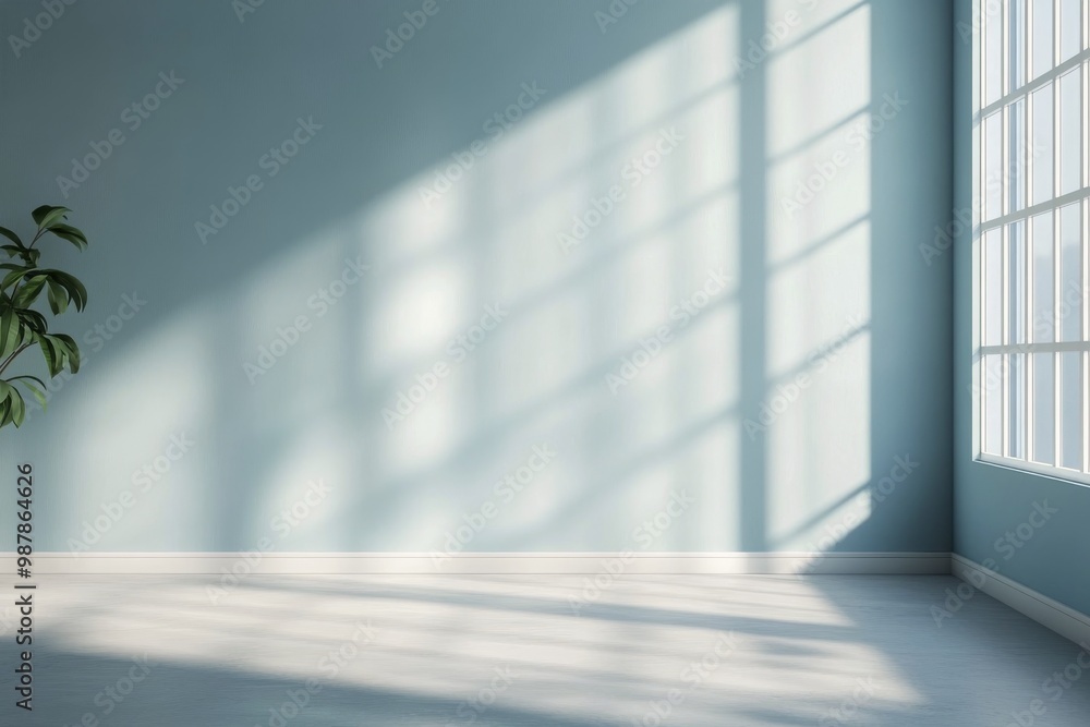 Fototapeta premium Brightened interior with turquoise walls and sunlight streaming through large windows