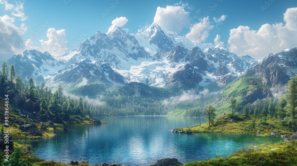 Naklejka premium Majestic Mountain Landscape with Clear Blue Lake