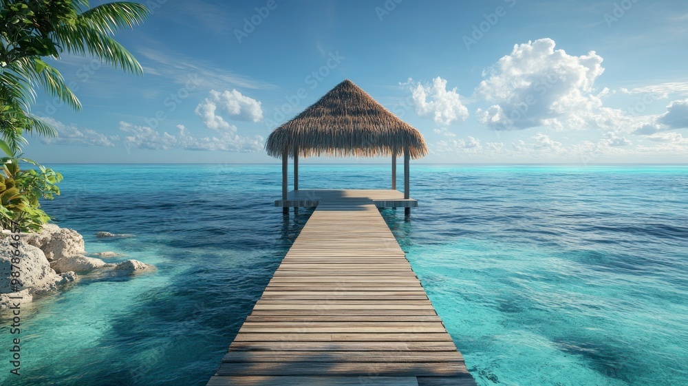 A private jetty extending into crystal-clear ocean waters with a thatched roof gazebo at the end, basking in bright sunlight, evoking luxury and exclusivity. A private jetty extending into crystal-clear ocean waters with a thatched roof gazebo at the end, basking in bright sunlight, evoking luxury and exclusivity.