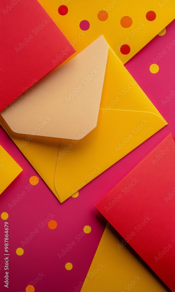 Colorful envelope with yellow card and confetti on vibrant red and yellow background Colorful envelope with yellow card and confetti on vibrant red and yellow background