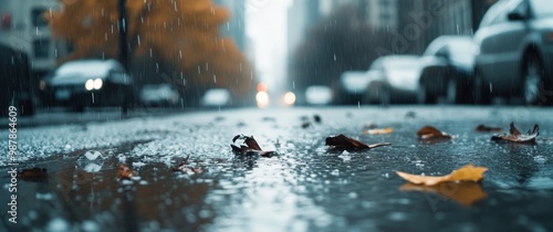 Rainy street view with puddles and fallen leaves on a city road in autumn