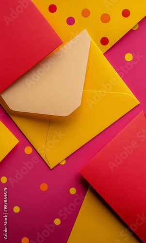 Colorful envelope with yellow card and confetti on vibrant red and yellow bac...