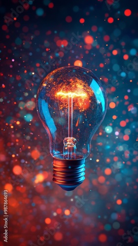 A glowing light bulb surrounded by colorful bokeh lights on a dark background...