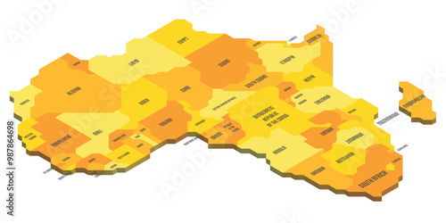 Isometric political map of Africa. Colorful land with country name labels on white background. 3D vector illustration