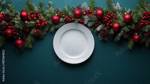 A festive empty plate surrounded by Christmas decorations on a vibrant red table