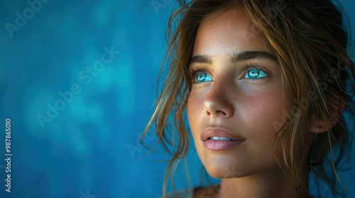 Jaded Young Caucasian Woman Portrayed in Isolation on Blue Background with Copy Space photo