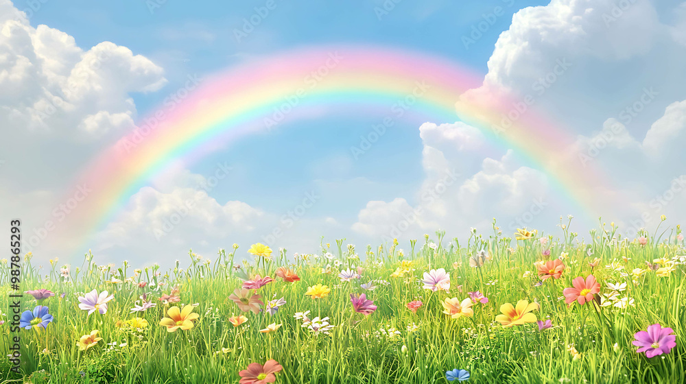 Naklejka premium A colorful rainbow arches over a field of wildflowers.
