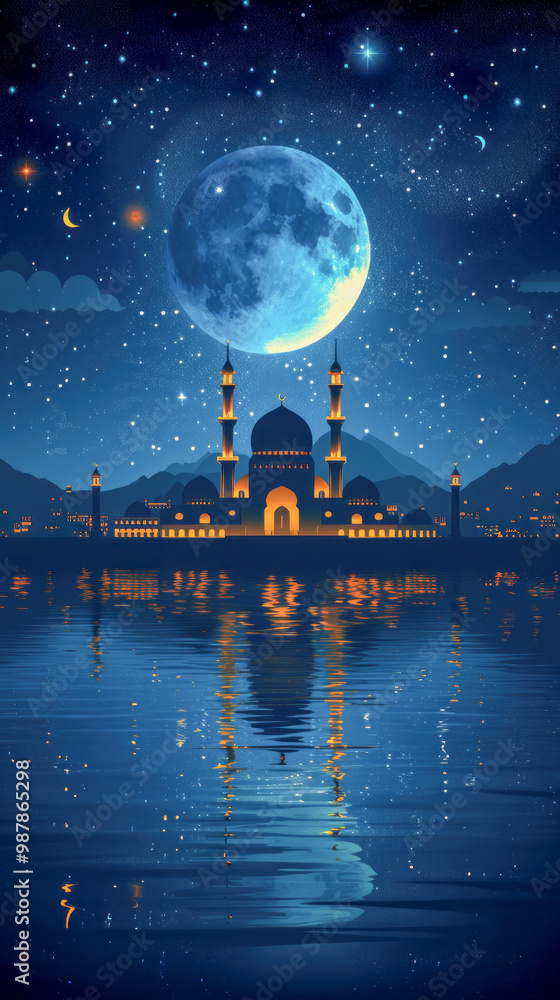Mosque Silhouette at Sunset with Full Moon and Starry Sky Mosque Silhouette at Sunset with Full Moon and Starry Sky
