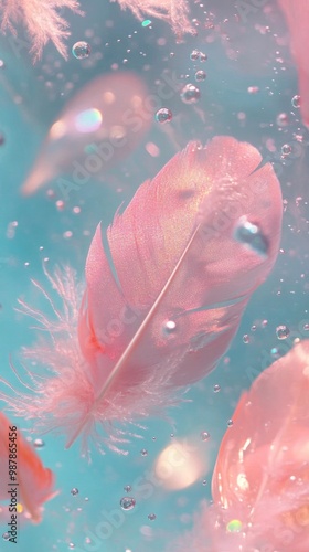 Soft pink feathers submerged in turquoise liquid with bubbles floating around
