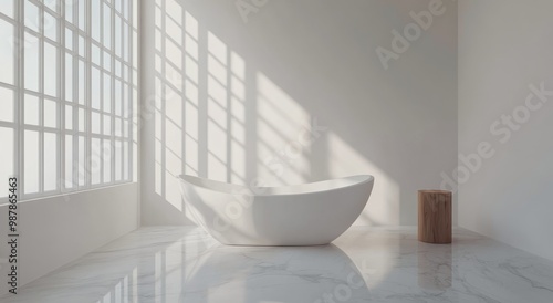Modern bathroom interior featuring a stylish freestanding bathtub bathed in n...
