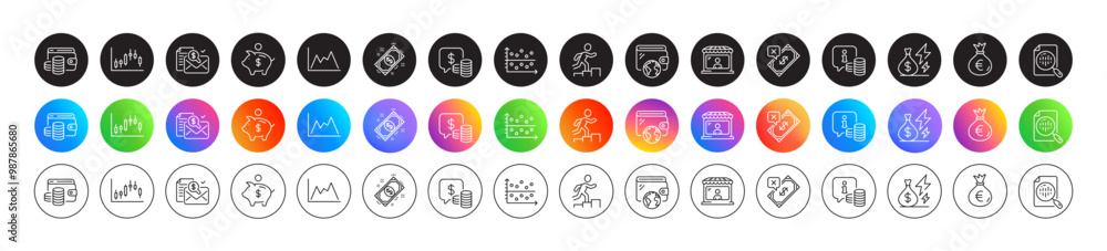 Wallet, Piggy bank and Leader run line icons. Round icon gradient buttons. Pack of Dot plot, Electricity price, Rejected payment icon. Money bag, Market seller, Info pictogram. Vector Wallet, Piggy bank and Leader run line icons. Round icon gradient buttons. Pack of Dot plot, Electricity price, Rejected payment icon. Money bag, Market seller, Info pictogram. Vector