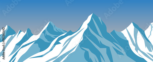 Beautiful mountain landscape, panorama of snow-covered mountains on the background of clear sky. Vector illustration